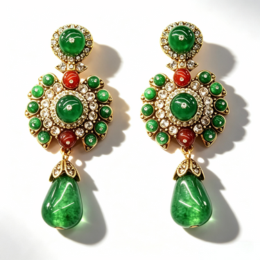 Jade &Ruby Gemstone Encrusted Gold Drop Earrings