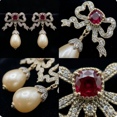 Ruby Crystal Bow & Champagne Pearl Drop Earrings